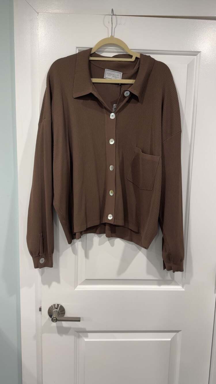 Aparalell Brown Ribbed Button-Down Polo Shirt with Pocket